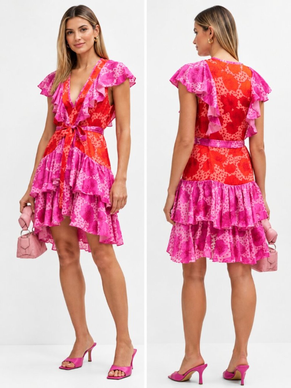 Le Superbe Aurora Flora Lil Flirt Floral Wrap Mini Dress Fuchsia 2 NWT
